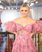 Sydney | Vestido de fiesta de tul floral con hombros descubiertos y corte en A