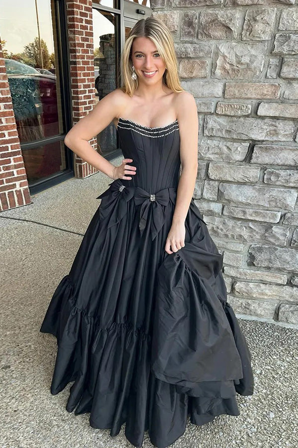 A-Linie Perlenbesetztes trägerloses Korsett Schwarzes Ballkleid mit Schleifen PSK572