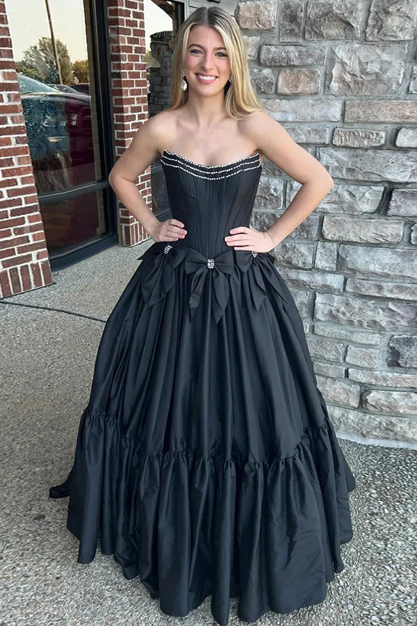 A-Linie Perlenbesetztes trägerloses Korsett Schwarzes Ballkleid mit Schleifen PSK572