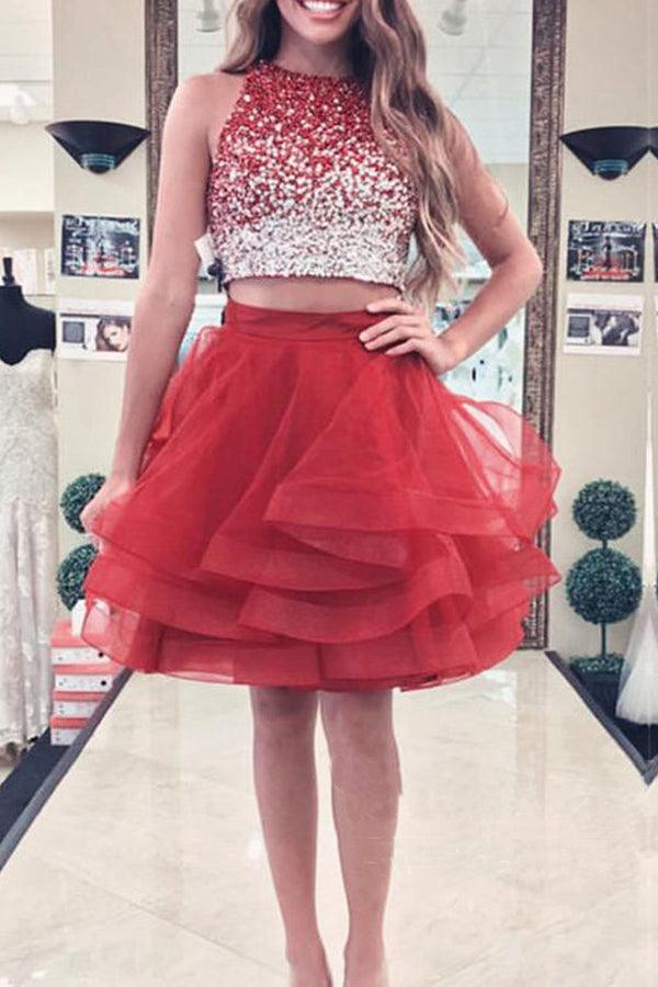 A-Linie Perlenbesetztes Top Burgunder Organza Zweiteiliges Homecoming-Kleid PD170