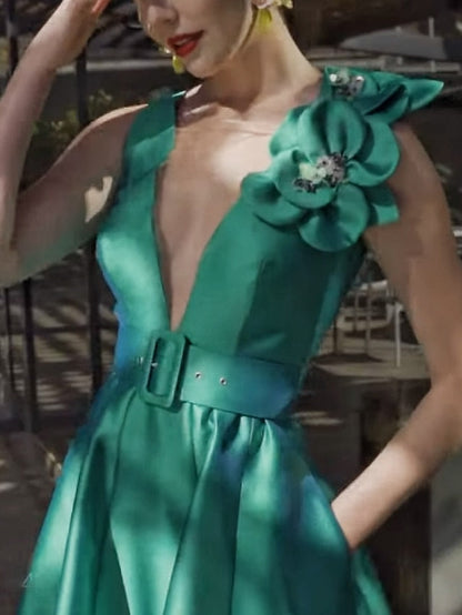 A-Line/Princess V Neck Sleeveless Tea-Length Mother of the Bride Dresses with Belt Ruffles Applique