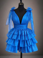 A-Linie, tiefer V-Ausschnitt, gestuftes glitzerndes Organza-Heimkehrkleid