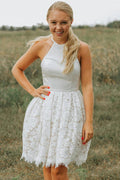 A-Linie Elfenbein Spitze Neckholder rückenfreies kurzes Homecoming-Kleid PD449