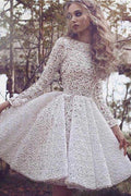 Vestido de fiesta de encaje color marfil, manga larga, corte A, largo hasta la rodilla, PD004