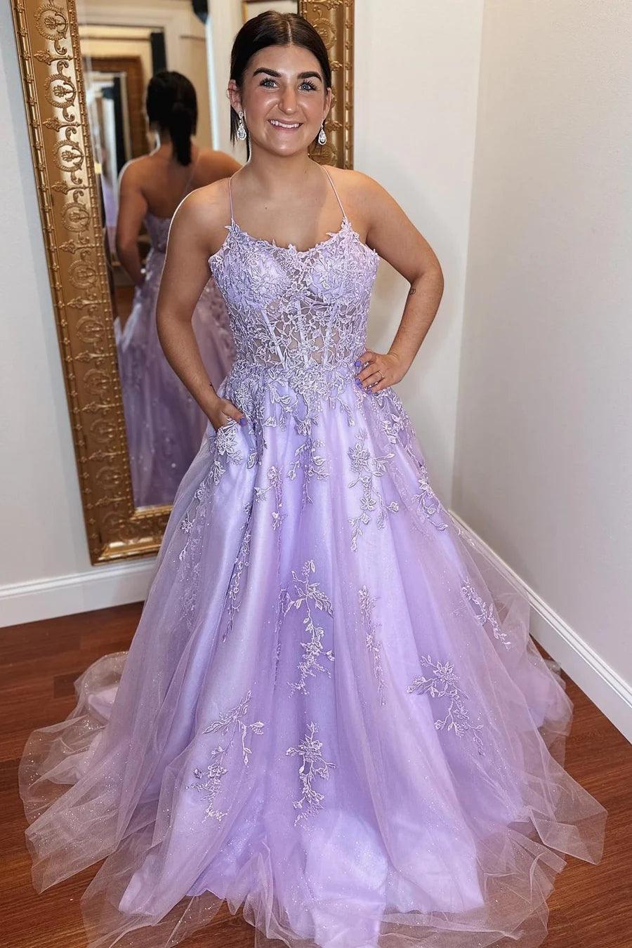 A-Line Lavender Tulle Applique Lace Up Back  Prom Evening Dress