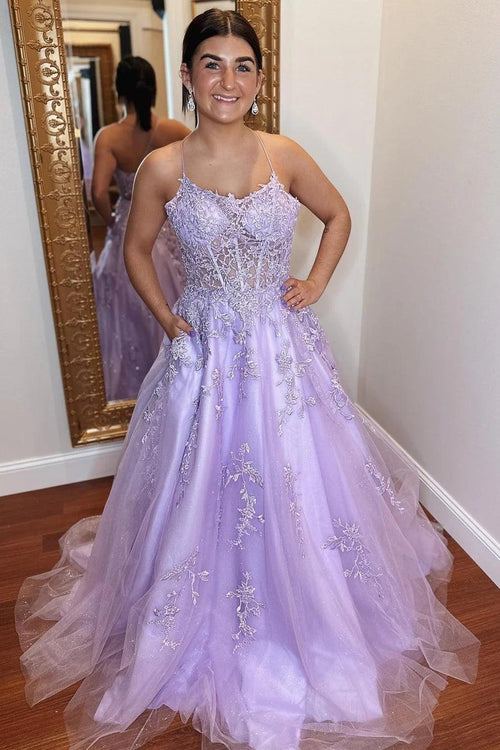 Vestido de noche de graduación con corte A, apliques de tul color lavanda y cordones en la espalda PSK429
