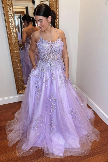 A-Line Lavender Tulle Applique Lace Up Back  Prom Evening Dress