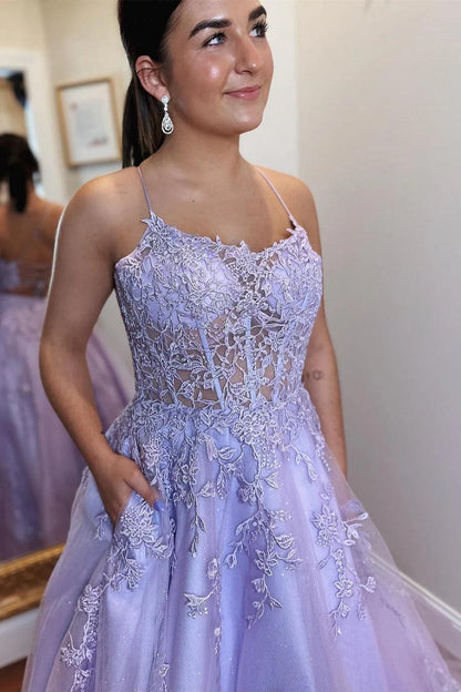 A-Line Lavender Tulle Applique Lace Up Back  Prom Evening Dress
