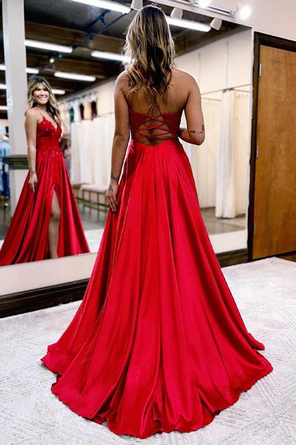 A-Line Long Satin Dark Green Prom Evening Dress with Split