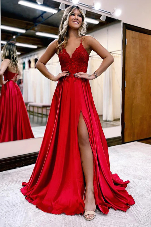 A-Line Long Satin Dark Green Prom Evening Dress with Split