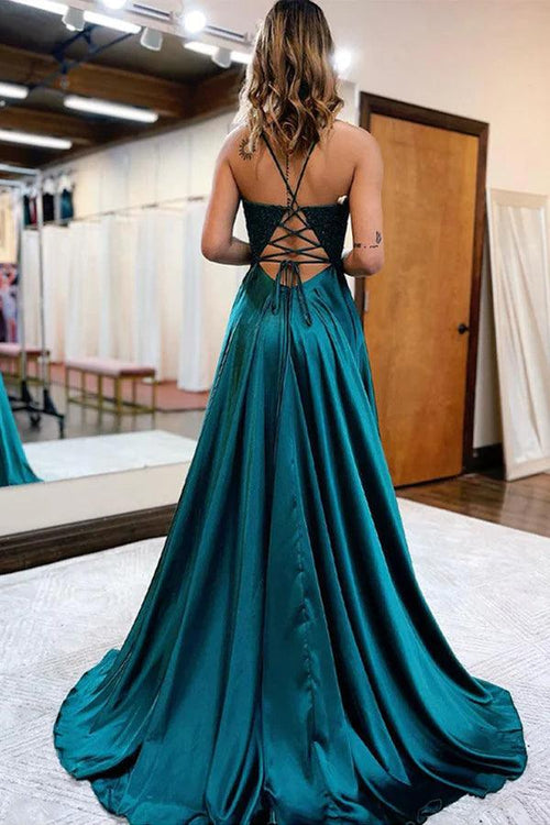 Vestido de noche largo de satén verde oscuro con corte A y abertura PSK406