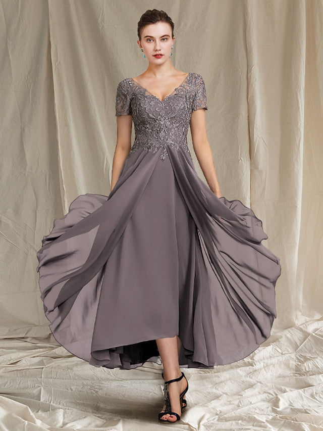 Vestidos de madre de la novia de corte A/princesa, escote en V y largo hasta la rodilla