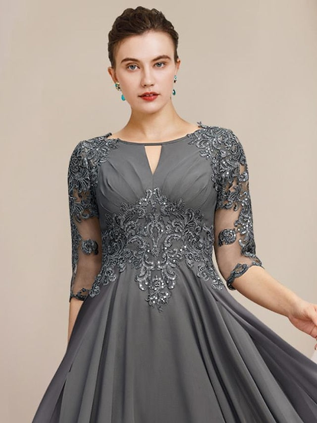 Vestidos de madre de la novia de corte A/princesa con escote redondo y largo hasta la rodilla