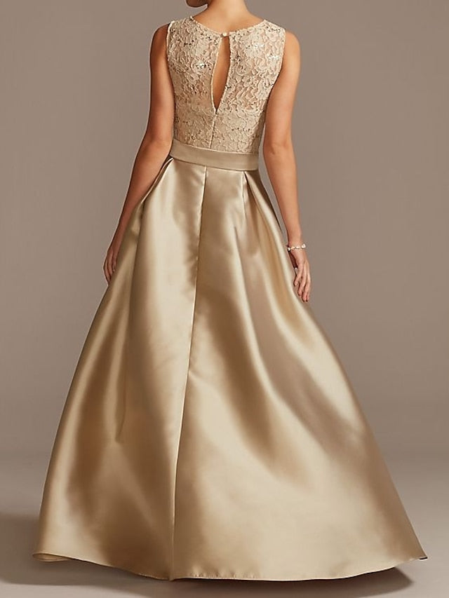 Vestidos de madre de la novia de corte A/princesa, sin mangas, con escote joya y encaje plisado