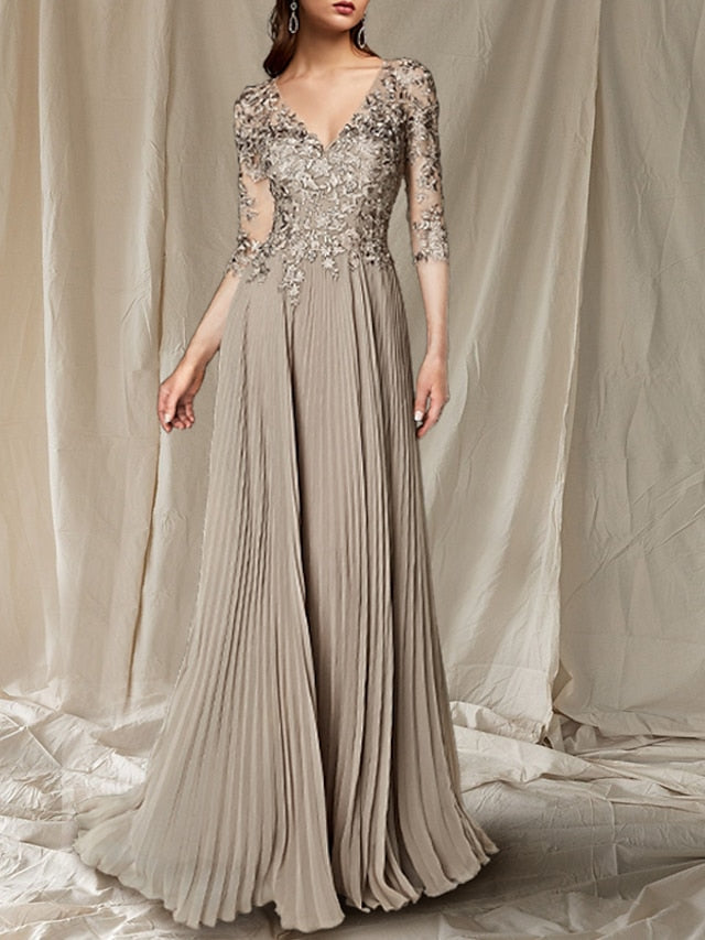 Vestidos de madre de la novia de corte A/princesa, escote en V y largo hasta el suelo