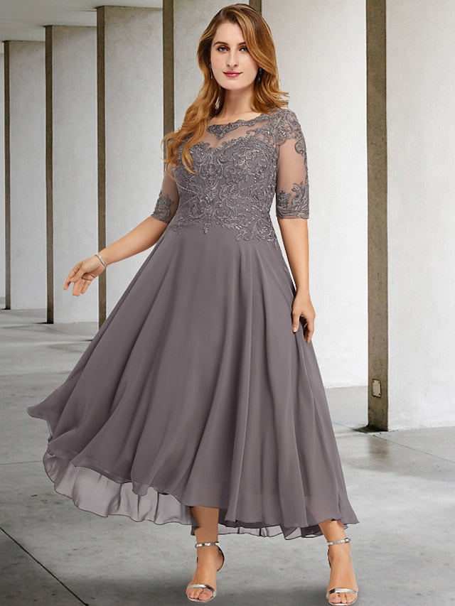 Vestidos de madre de la novia de corte A/princesa con escote redondo y largo hasta la rodilla