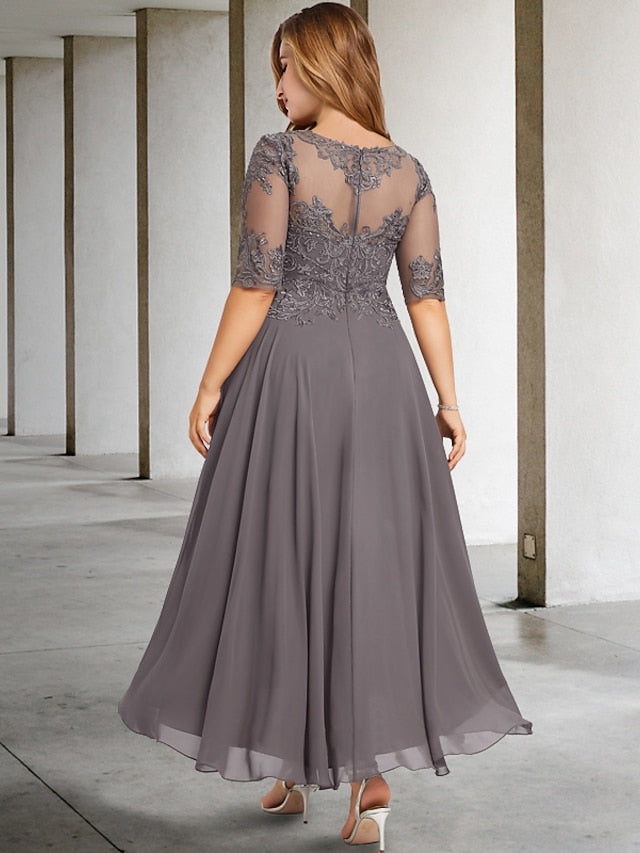 Vestidos de madre de la novia de corte A/princesa con escote redondo y largo hasta la rodilla