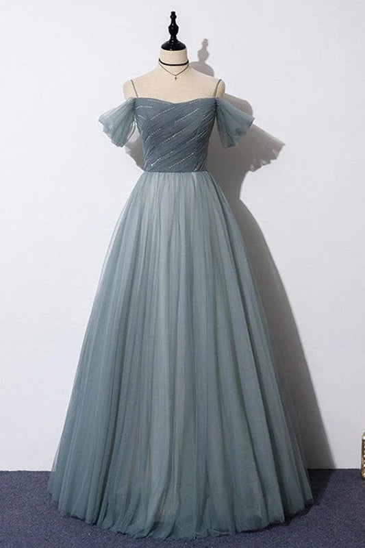 Robe de soirée en tulle gris à épaules dénudées et coupe A-Line PSK539