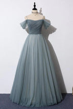 A-Linie, schulterfrei, graues Tüll-Ballkleid, Abendkleid PSK539