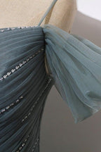 A-Linie, schulterfrei, graues Tüll-Ballkleid, Abendkleid PSK539