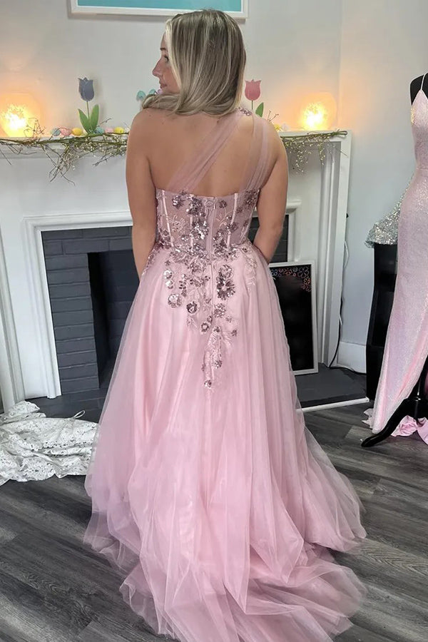 A-Linie One-Shoulder-Applikationen Tüll Rosa Langes Ballkleid PSK584