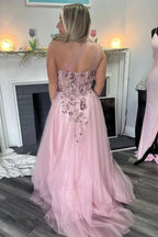 A-Linie One-Shoulder-Applikationen Tüll Rosa Langes Ballkleid PSK584