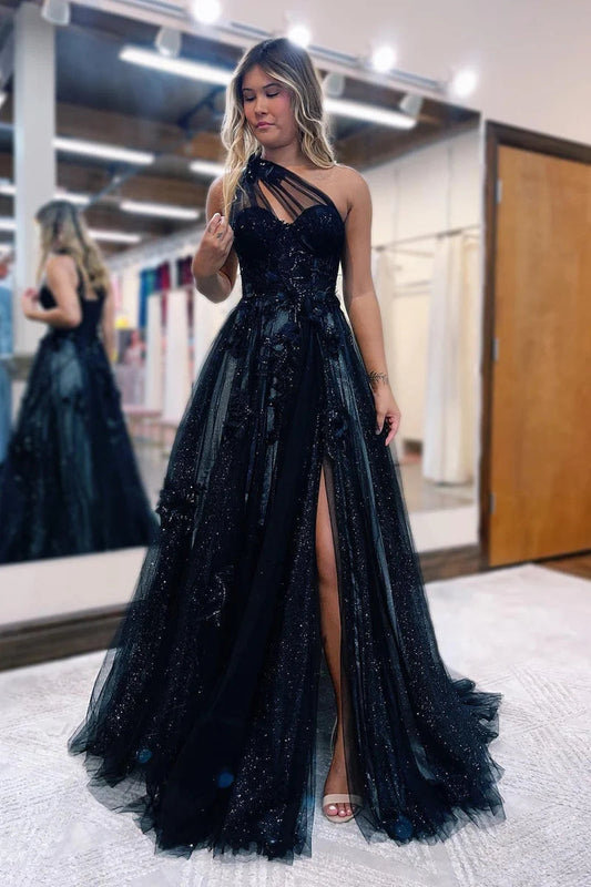 A-Line One Shoulder Black Long Prom Dress With 3D Appliques