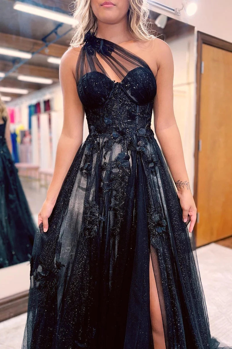 A-Line One Shoulder Black Long Prom Dress With 3D Appliques
