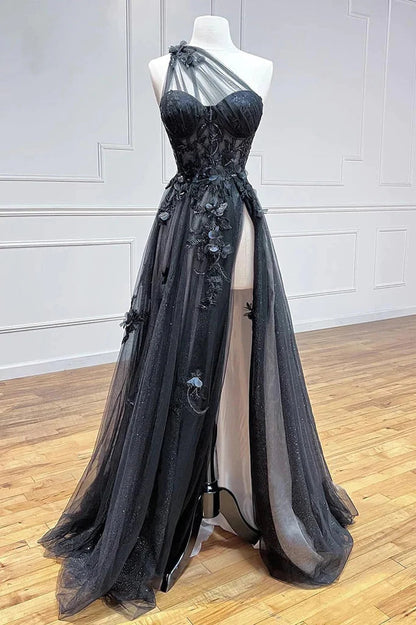 A-Line One Shoulder Black Long Prom Dress With 3D Appliques