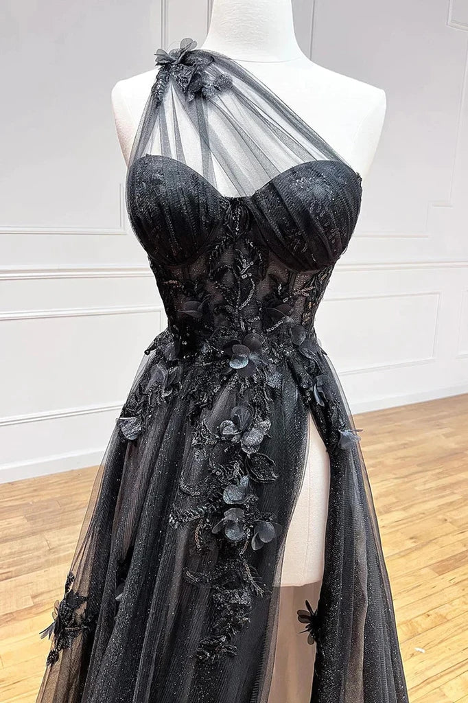 A-Line One Shoulder Black Long Prom Dress With 3D Appliques