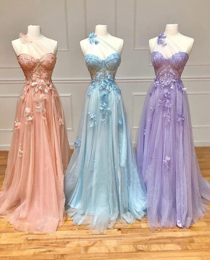 A-Line One Shoulder Black Long Prom Dress With 3D Appliques