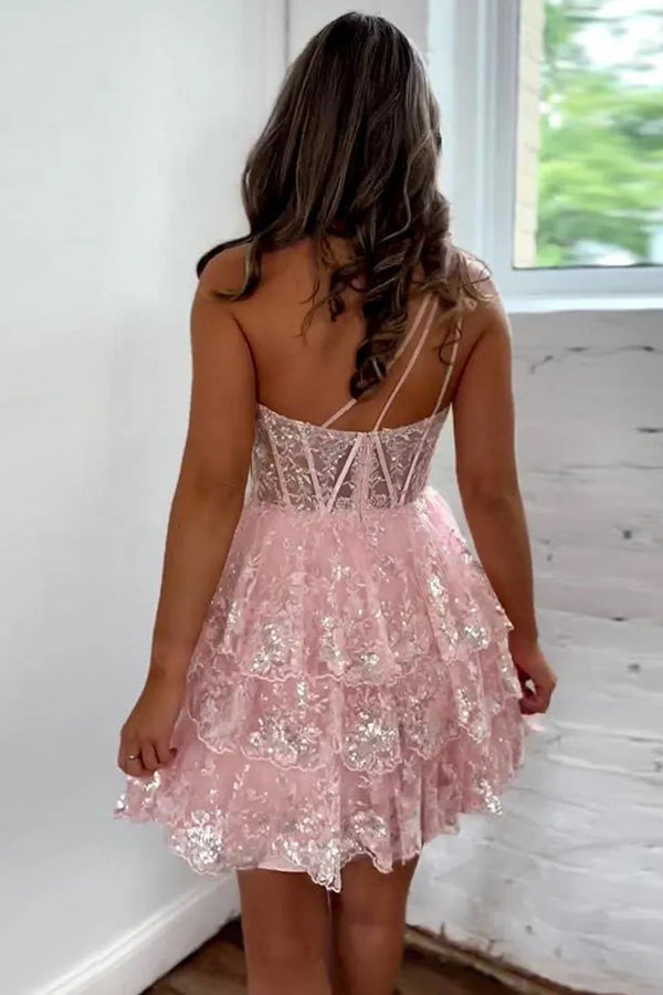 Süßes A-Linien-Heimkehrkleid mit einer Schulter und Applikationen PD509
