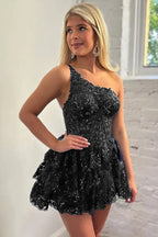 Süßes A-Linien-Heimkehrkleid mit einer Schulter und Applikationen PD509