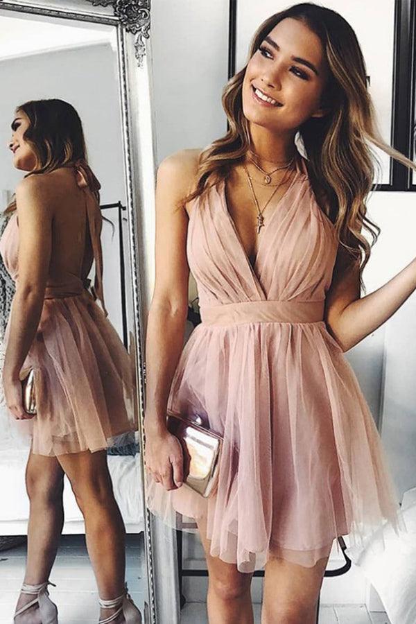 A-Linie Rosa Tüll Tiefem V-Ausschnitt Rückenfreies Falten Mini Homecoming Kleid PD440