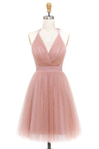 A-Linie Rosa Tüll Tiefem V-Ausschnitt Rückenfreies Falten Mini Homecoming Kleid PD440