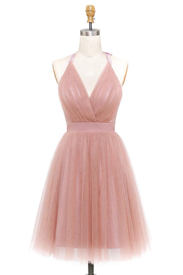 A-Linie Rosa Tüll Tiefem V-Ausschnitt Rückenfreies Falten Mini Homecoming Kleid PD440