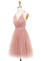 A-Linie Rosa Tüll Tiefem V-Ausschnitt Rückenfreies Falten Mini Homecoming Kleid PD440