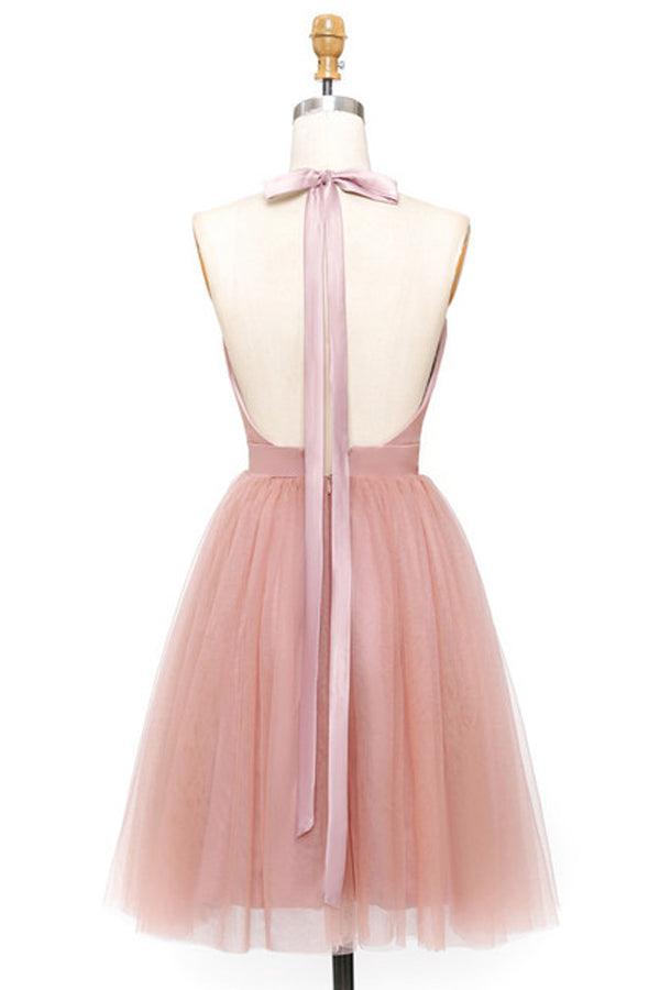 A-Linie Rosa Tüll Tiefem V-Ausschnitt Rückenfreies Falten Mini Homecoming Kleid PD440