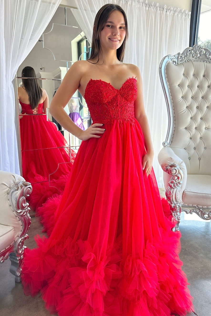Vestido de fiesta formal con escote en forma de A, rojo, con corsé y volantes, PSK493