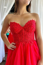 Vestido de fiesta formal con escote en forma de A, rojo, con corsé y volantes, PSK493