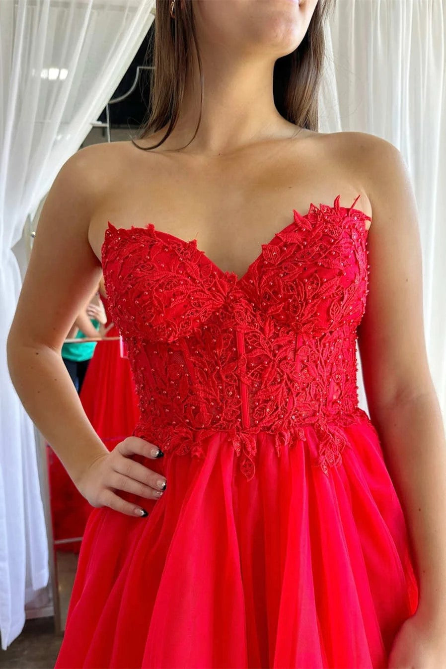 Vestido de fiesta formal con escote en forma de A, rojo, con corsé y volantes, PSK493