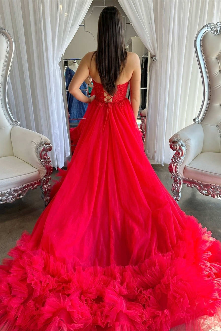 Vestido de fiesta formal con escote en forma de A, rojo, con corsé y volantes, PSK493