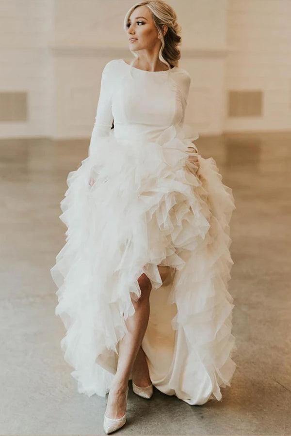 A-Linie Rundhals Hofschleppe Tüll Brautkleid mit langen Ärmeln WD307