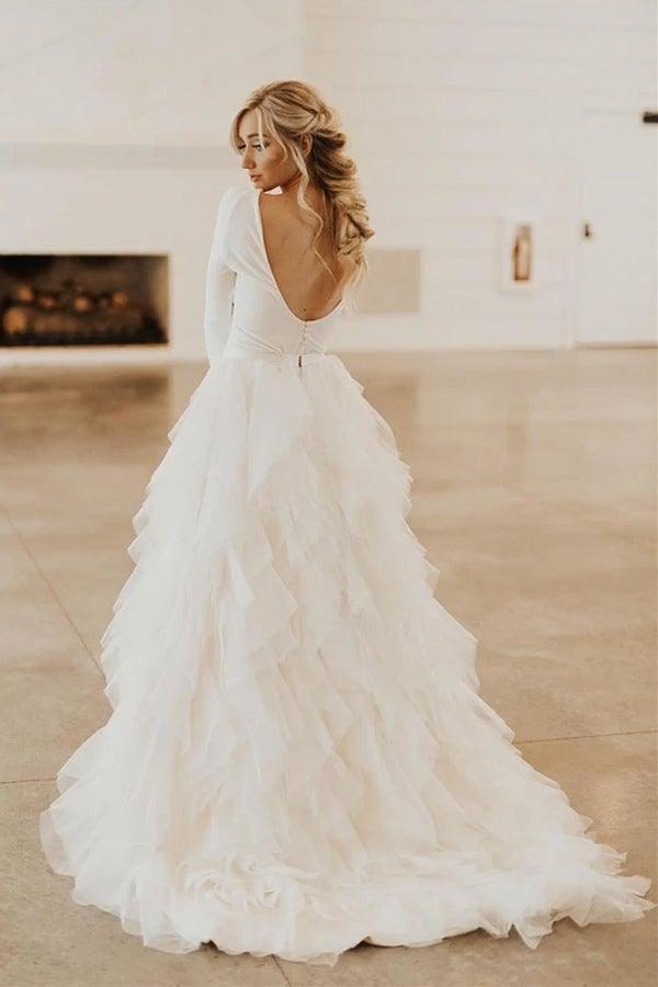 Vestido de novia de tul con escote redondo, cola de corte A y mangas largas WD307