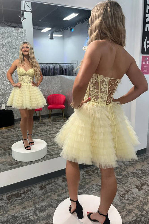 Vestido de fiesta amarillo con volantes, corte A y corsé sin tirantes PD518