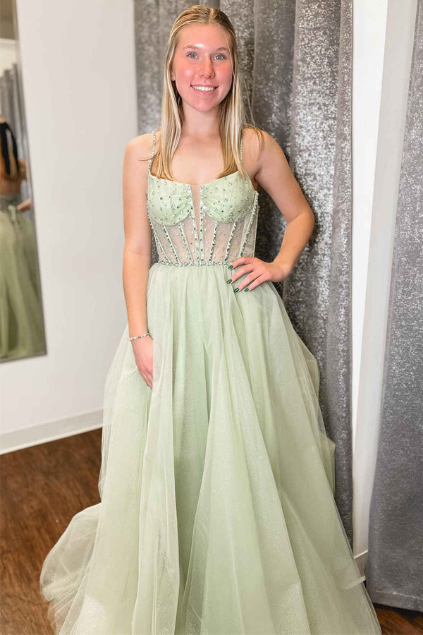 Vestido de fiesta de tul con lentejuelas y cuentas, corte A, tirantes verde salvia PSK488