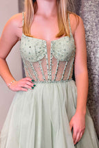 Vestido de fiesta de tul con lentejuelas y cuentas, corte A, tirantes verde salvia PSK488