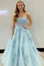 A-Linie Spaghettiträger Korsett Rücken langes Ballkleid mit Applikationen PSK435