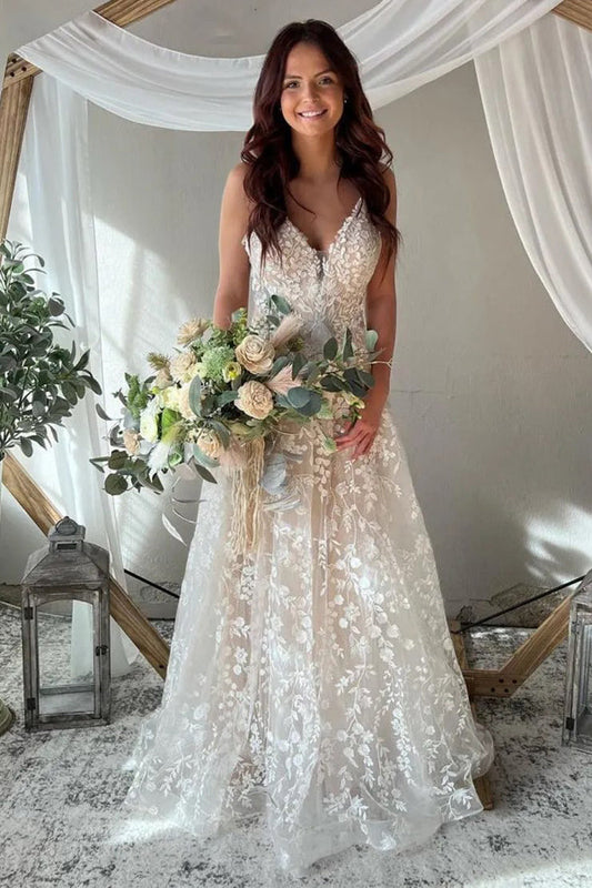 A-Linie Spaghettiträger Schlüsselloch Rücken Elegantes Brautkleid WD731