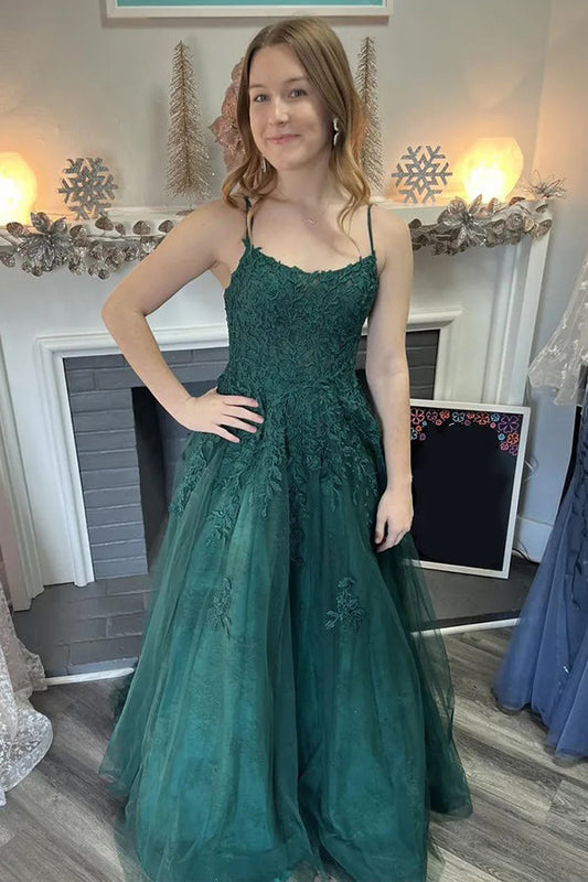 A-Linie Spaghettiträger Tüll Dunkelgrün Langes Ballkleid PSK586